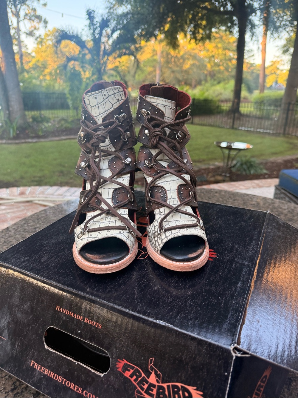 Brandy Melville Brown and Cream Lace-Up Peep-Toe Heeled Boots
